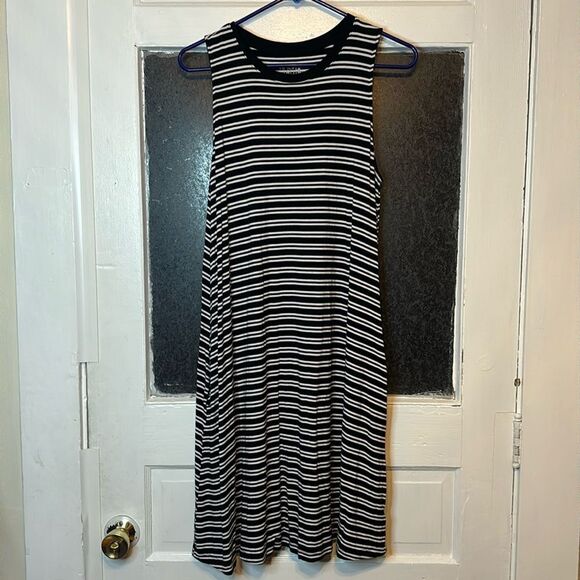 Time and Tru Womens Black and White Striped Casual Shift Dress Size L 12/14 - Picture 1 of 5